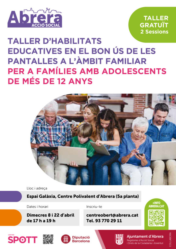 Taller gratuït per ajudar les famílies a gestionar l’ús de pantalles entre adolescents, els dimecres 8 i 22 d'abril a l'Espai La Galàxia