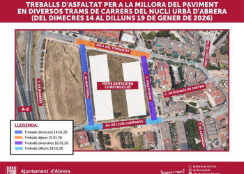 Del dimecres 14 al dilluns 19 de gener de 2026, es duran a terme treballs de millora i d'asfaltat en diversos trams de carrers del nucli urbà d'Abrera - plànol genèric