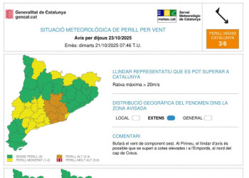 avís de fort vent que pot afectar Abrera i la resta de la comarca del Baix Llobregat aquest dijous 23 d'octubre