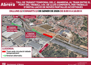 Dilluns 12 i dimarts 13 de gener, quedarà tallat temporalment el tram del c. de Manresa, entre el Pont del Treball i l'av. de Lluís Companys, amb motiu de la instal·lació de noves pantalles acústiques