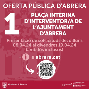 Oferta d'1 plaça interina d'Interventor/a de l'Ajuntament d'Abrera