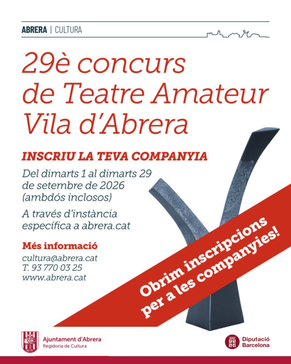 Torna el Concurs de Teatre Amateur Vila d’Abrera, en la seva 29a edició! Les companyies interessades a participar podran formalitzar la seva inscripció del dimarts 1 al dimarts 29 de setembre de 2026