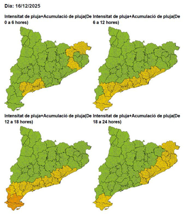 Avís del Servei Meteorològic de Catalunya per intensitat de pluja per dimarts 16 de desembre de 2025