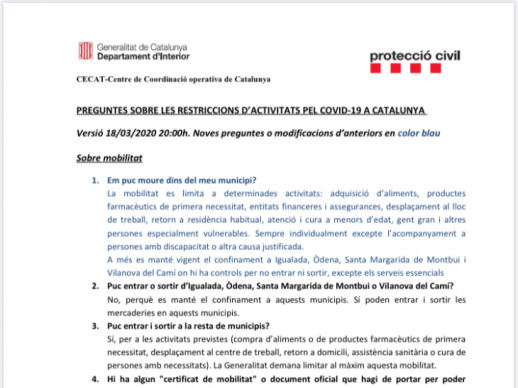Preguntes sobre les restriccions d'activitats per la contenció i prevenció del coronavirus SARS-COV-2