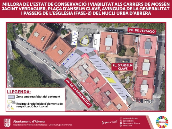 Treballs de reparació de voreres, reasfaltat i nova senyalització viària al nucli urbà d'Abrera - plaça d'Anselm Clavé