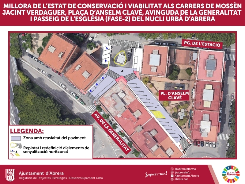 Treballs de reparació de voreres, reasfaltat i nova senyalització viària al nucli urbà d'Abrera - plaça d'Anselm Clavé