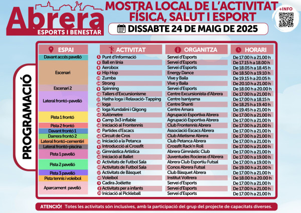 Abrera amb l'esport! El dissabte 24 de maig, participeu en la 2a edició de la Mostra Local d'Activitat Física, Salut i Esport, amb activitats inclusives per a tothom!