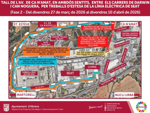 Tall al trànsit de l’Avinguda de Ca n’Amat, en sentit A-2, entre els carrers de Can Noguera i de Darwing, per l’execució de treballs d’estesa de la línia elèctrica de la planta de SEAT