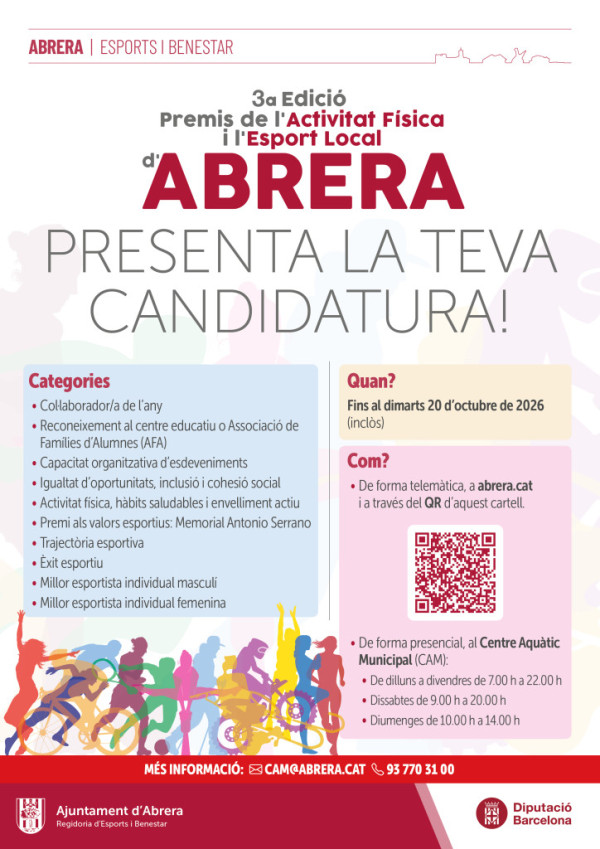 Abrera amb l'esport! Convoquem els 3rs Premis de l'Activitat Física i l'Esport Local, que compten amb deu categories. Presenteu-hi la vostra candidatura!