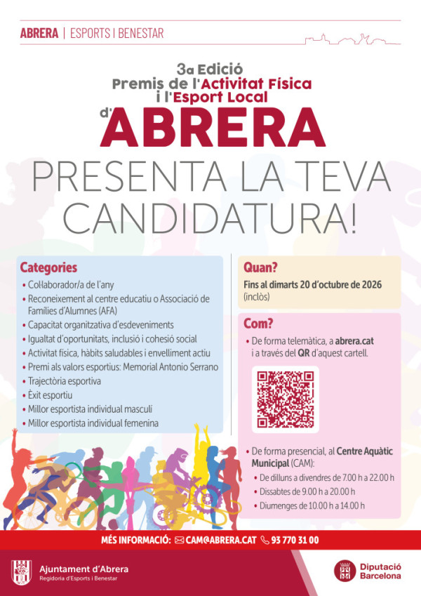 Abrera amb l'esport! Convoquem els 3rs Premis de l'Activitat Física i l'Esport Local, que compten amb deu categories. Presenteu-hi la vostra candidatura!