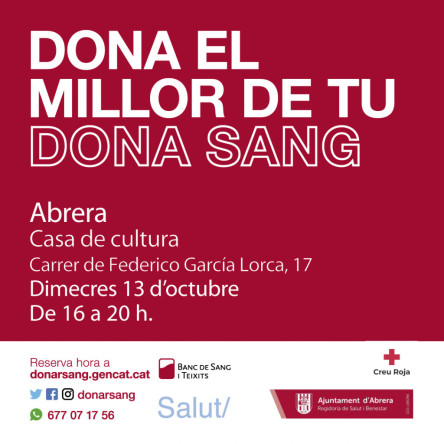 Nova campanya de donació de sang a la Casa de Cultura, el dimecres 13 d'octubre