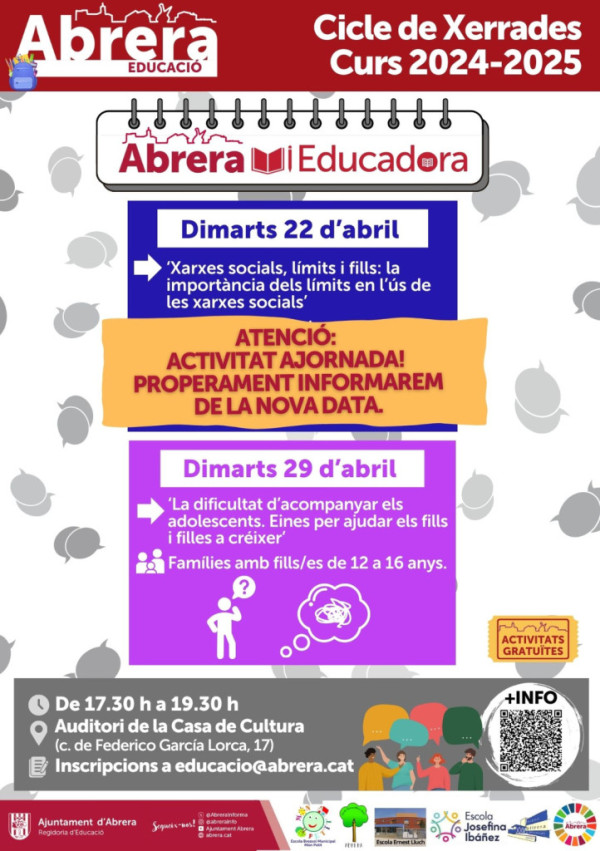 La xerrada 'Xarxes socials, límits i fills: la importància dels límits en l’ús de les xarxes socials' d'aquest dimarts 22 d'abril queda ajornada. Properament informarem de la nova data