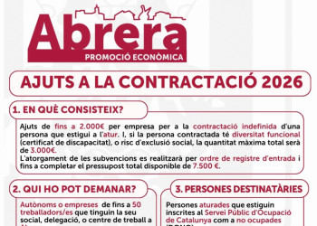 Des de l'Ajuntament d'Abrera us informem dels Ajuts a la contractació de 2026 dirigits a empreses i autònoms del municipi