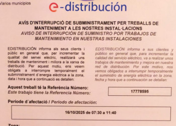 Dijous 16 d'octubre de 7.30 h a 11.40 h, tall de llum al nucli urbà