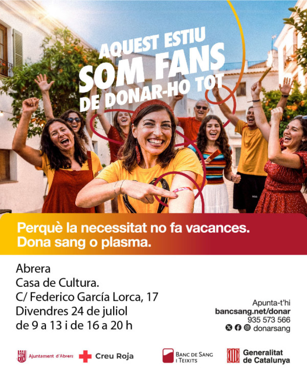 Aquest estiu som fans de donar-ho tot! El proper divendres 24 de juliol, veniu a donar sang i plasma a la Casa de Cultura d'Abrera