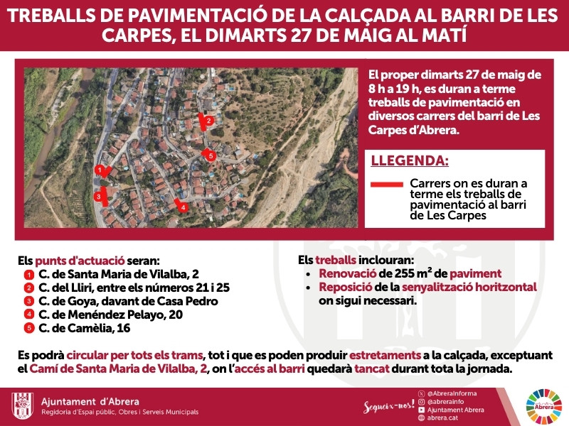 Dimarts 27 de maig durem a terme treballs de pavimentació en diversos carrers del barri de Les Carpes d’Abrera, de 8 h a 19 h