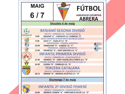 Calendari partits AE Abrera - Dissabte 6 i diumenge 7 de maig 2023 - A casa