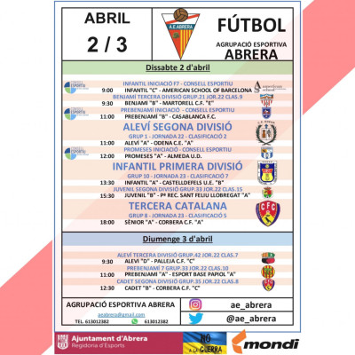 Calendari partits Agrupació Esportiva Abrera cap de setmana 2 i 3 d'abril - A casa.jpg