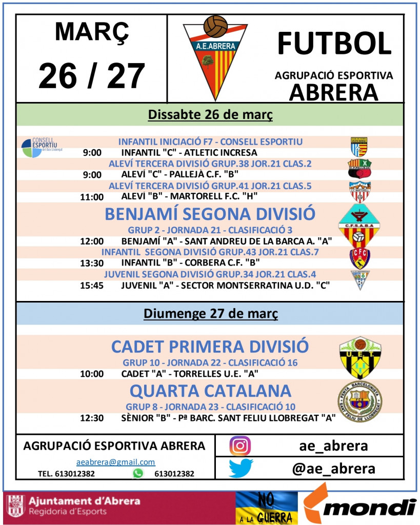 Calendari partits Agrupació Esportiva Abrera cap de setmana 26 i 27 de març - A casa
