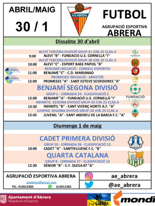 Calendari partits Agrupació Esportiva Abrera cap de setmana 30 abril i 1 de maig - A casa.jpeg