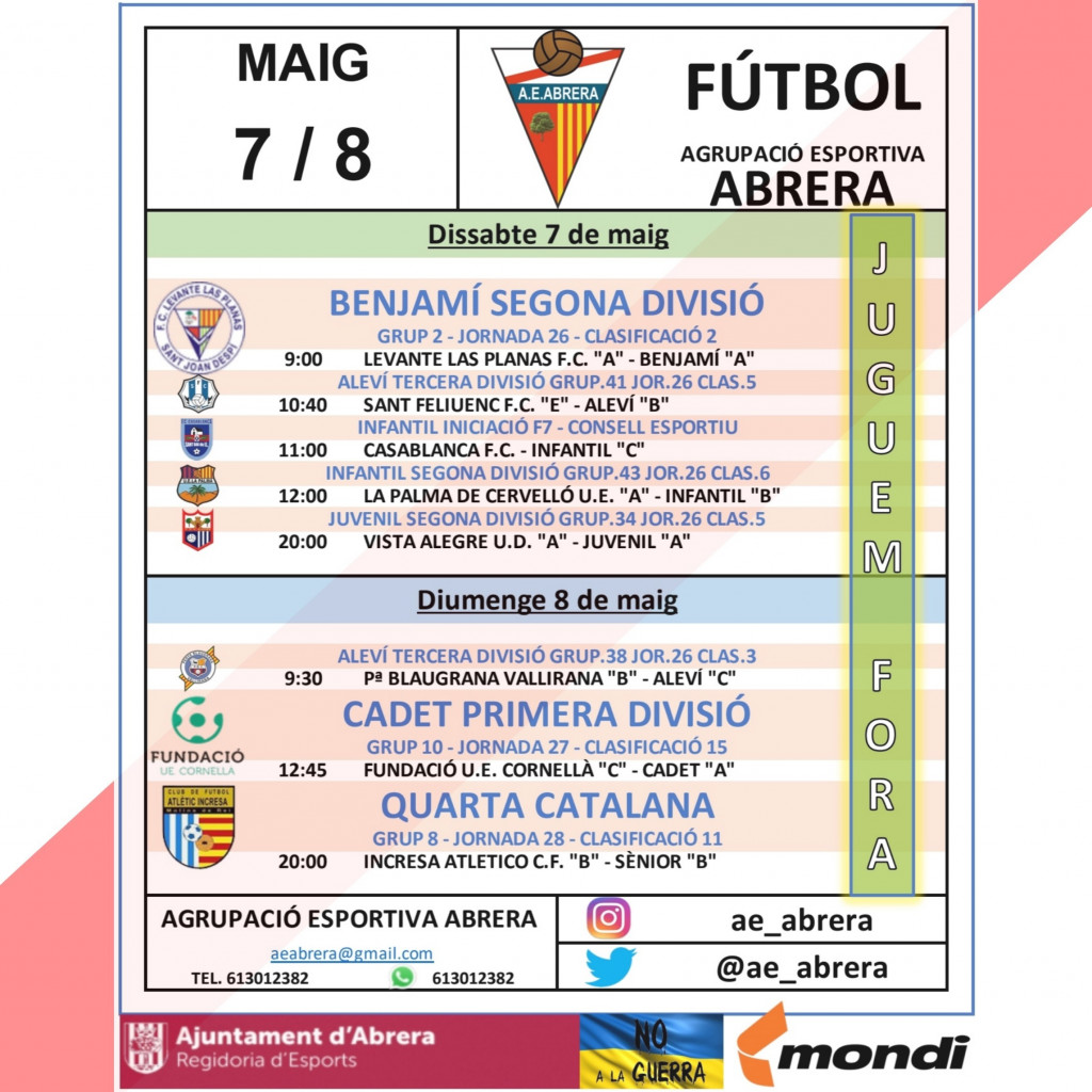 Calendari partits Agrupació Esportiva Abrera cap de setmana 7 i 8 de maig - A fora