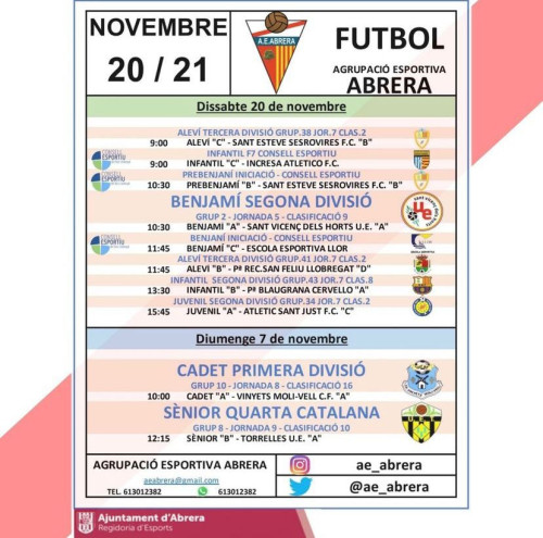 Calendari partits Agrupació Esportiva Abrera cap de setmana del dissabte 20 i diumenge 21 de novembre - A Casa.jpeg