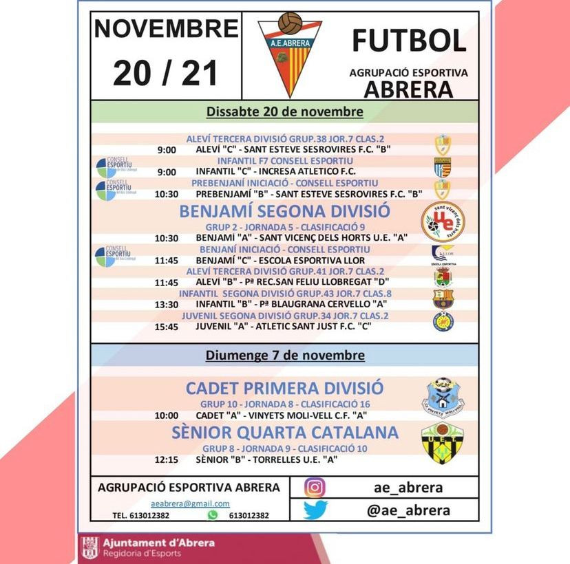 Calendari partits Agrupació Esportiva Abrera cap de setmana del dissabte 20 i diumenge 21 de novembre - A Casa