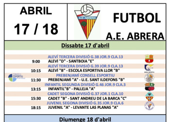 Calendari partits de l'Agrupació  Esportiva Abrera a casa del cap de setmana del dissabte 17 i diumenge 18 d'abril de 2021
