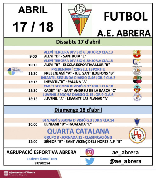 Calendari partits de l'Agrupació  Esportiva Abrera a casa del cap de setmana del dissabte 17 i diumenge 18 d'abril de 2021.jpg