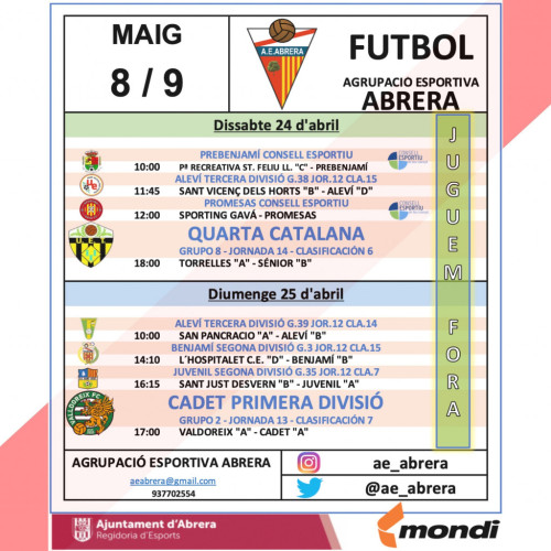Calendari partits fora Agrupació Esportiva Abrera del cap de setmana del 8 i 9 de maig de 2021.png