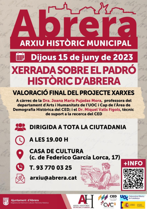 El proper dijous 15 de juny a la tarda, la Casa de Cultura acollirà una xerrada sobre el padró històric d'Abrera
