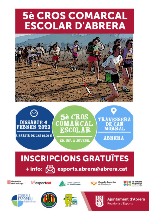 El dissabte 4 de febrer tindrà lloc el Cinquè Cros Comarcal Escolar d’aquest curs 2022-2023, i Cros Local d'Abrera, a la Travessera de Can Morral