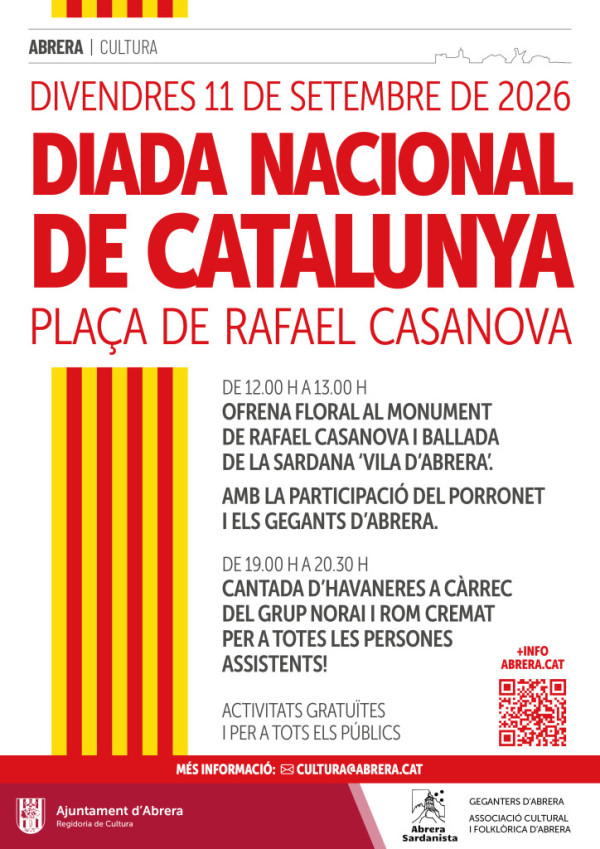 El divendres 11 de setembre de 2026 commemorarem, un any més, la Diada Nacional de Catalunya, amb diferents activitats!