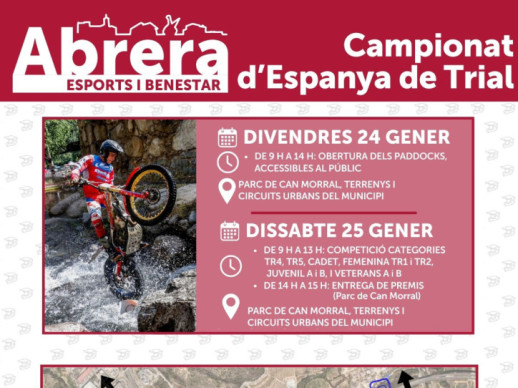 Abrera amb l'esport! El Campionat d'Espanya de Trial arriba aquest cap de setmana al nostre municipi, amb participants locals. No us ho perdeu! Divendres 24 de gener de 2025