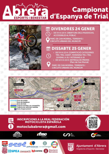 Abrera amb l'esport! El Campionat d'Espanya de Trial arriba aquest cap de setmana al nostre municipi, amb participants locals. No us ho perdeu! Divendres 24 de gener de 2025