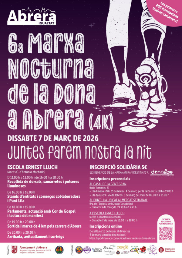 Juntes farem nostra la nit! Obrim les inscripcions per particpar a la 6a Marxa nocturna de la Dona que se celebrarà el dissabte 7 de març de 2026. Participeu-hi!
