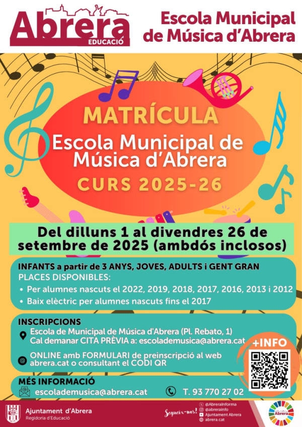 L'Escola Municipal de Música d’Abrera obre el període de matrícula pel curs 2025-2026 del dilluns 1 al divendres 26 de setembre de 2025 (ambdós inclosos)