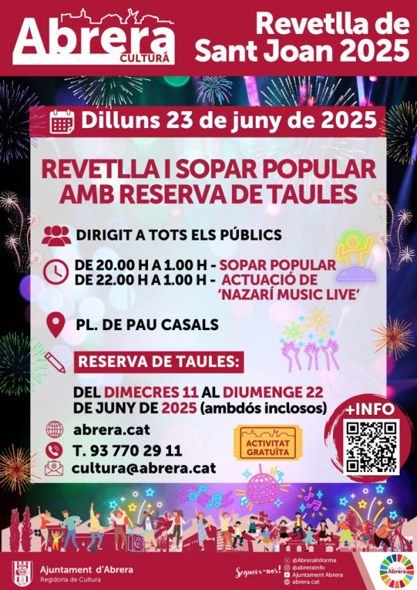 Dilluns 23 de juny de 2025 celebrarem la Revetlla de Sant Joan 2025 a la plaça de Pau Casals. Reserveu la vostra taula!