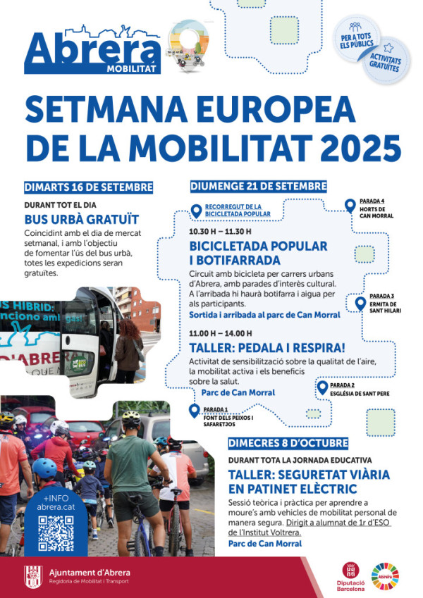 Abrera + sostenible! Commemorem la Setmana de la Mobilitat Sostenible 2025 amb el servei de bus urbà gratuït, una bicicletada popular i botifarrada i els tallers 'pedalada i respira' i 'seguretat viària en patinet elèctric'