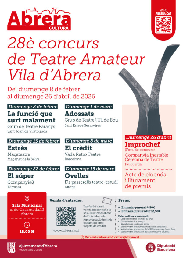 28è Concurs de Teatre Amateur Vila d’Abrera 2026 a la Sala Municipal - Programació