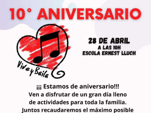 L’entitat Vive y Baila d'Abrera celebrarà el seu 10è aniversari amb una festa solidària, el proper diumenge 28 d'abril, a favor de l'entitat Llerre By Jordi