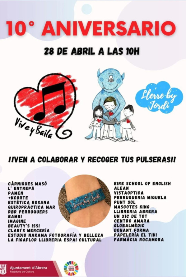 L’entitat Vive y Baila d'Abrera celebrarà el seu 10è aniversari amb una festa solidària, el proper diumenge 28 d'abril, a favor de l'entitat Llerre By Jordi