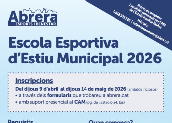 El proper dijous 9 d'abril s'obriran les inscripcions per al Casal Municipal d'Estiu i l'Escola Esportiva Municipal d'Estiu de 2026. Preneu nota!