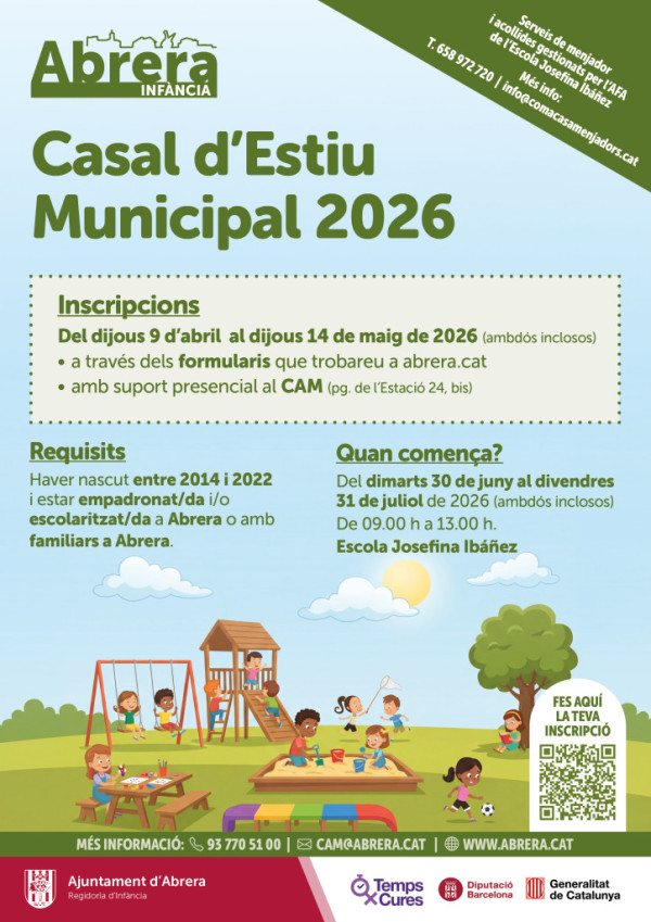 El proper dijous 9 d'abril s'obriran les inscripcions per al Casal Municipal d'Estiu i l'Escola Esportiva Municipal d'Estiu de 2026. Preneu nota!