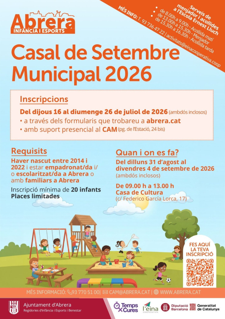 Els i les infants i joves d'Abrera podran gaudir del Casalet de Setembre, del dilluns 31 d'agost al divendres 4 de setembre de 2026. Obrim inscripcions!