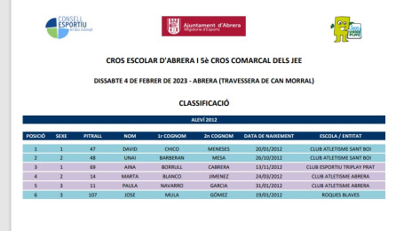 CLASSIFICACIÓ CROS - ALEVÍ MIXTE 2012