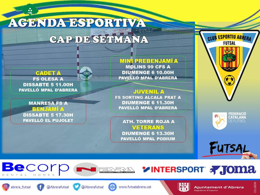 Club Esportiu Futsal Abrera - Calendari partits dissabte 5 i diumenge 9 de febrer de 2022