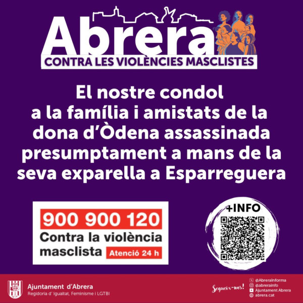 Convoquem un minut de silenci per a demà divendres a les 11 h, davant l'Ajuntament, com a rebuig pel presumpte assassinat masclista d'una dona al terme municipal d'Esparreguera