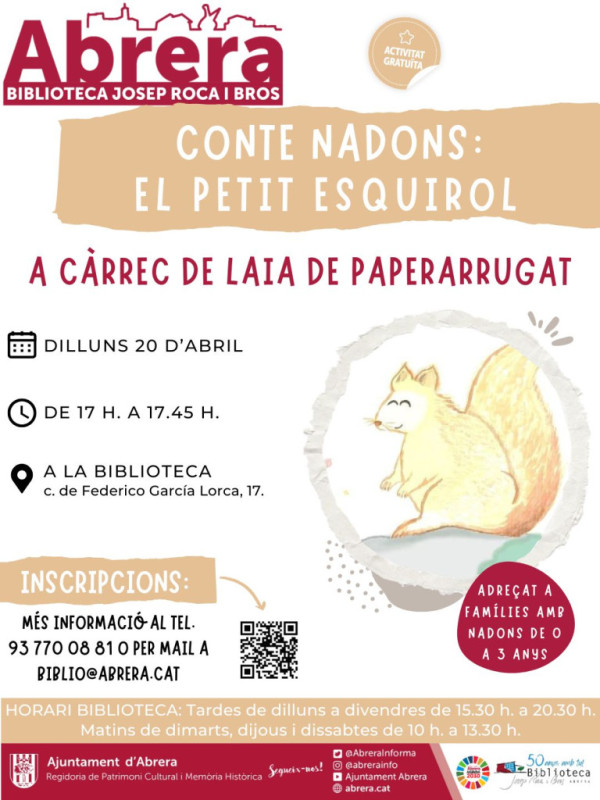 Biblioteca Josep Roca i Bros. Conte Nadons: El petit esquirol. Activitat abril 2026