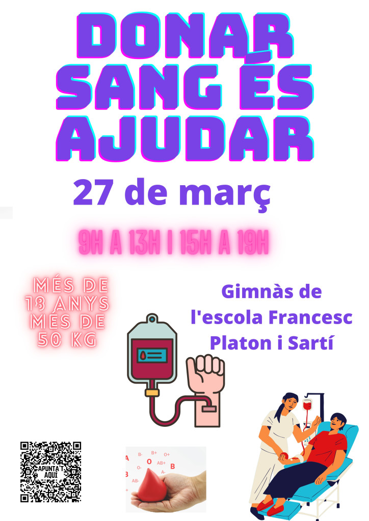 Cartell alumnat de 4rt de la campanya de donació de sang a l'Escola Francesc Platón i Sartí d'Abrera del dilluns 27 de març de 2023